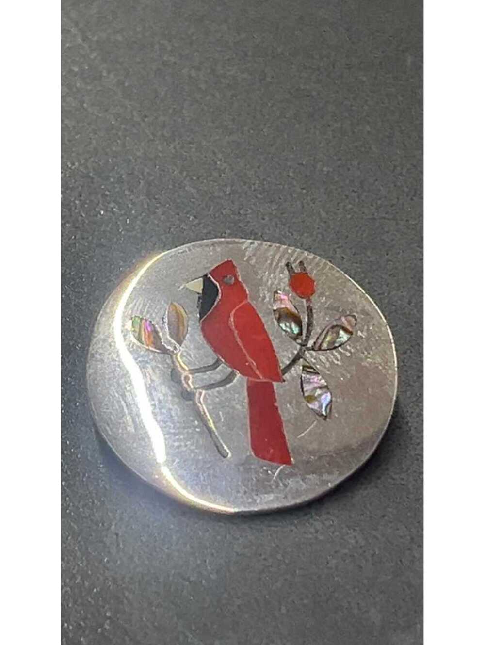 Zuni coral, turquoise parrot inlay sterling silver pendant/ pin -Edaakie